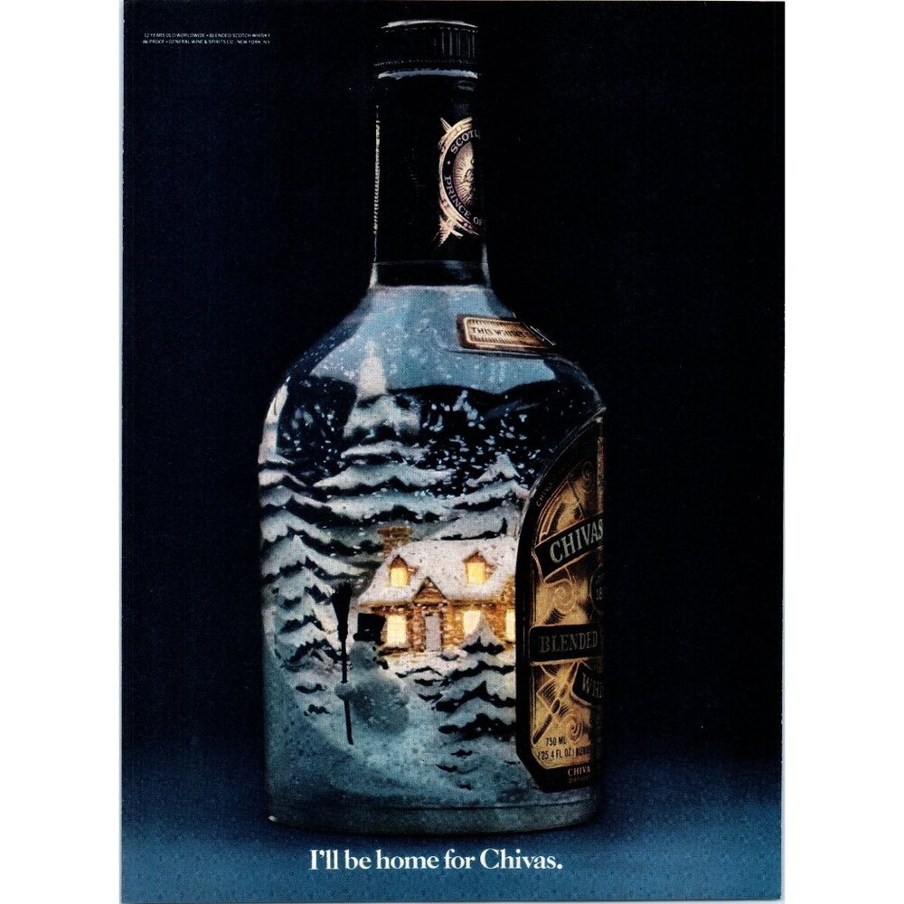 1981 Chivas Regal Home for Chivas Vintage Print Ad Christmas Tree Bar Wall Art